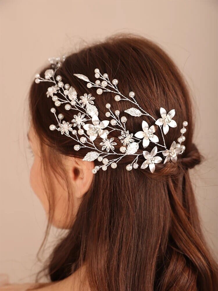 Three Branches Pearl Hair Vine, Bridal Crystal Flower Hairpiece, Wedding Head Wreath Floral Hair Wire - KaleaBoutique.com