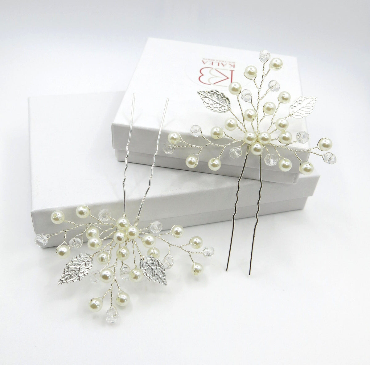 Three Branches Large Bridal 2 PC Hairpin Set, Embossed Silver Leaf Hair Pins for Wedding - KaleaBoutique.com