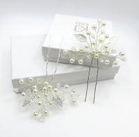 Three Branches Large Bridal 2 PC Hairpin Set, Embossed Silver Leaf Hair Pins for Wedding - KaleaBoutique.com