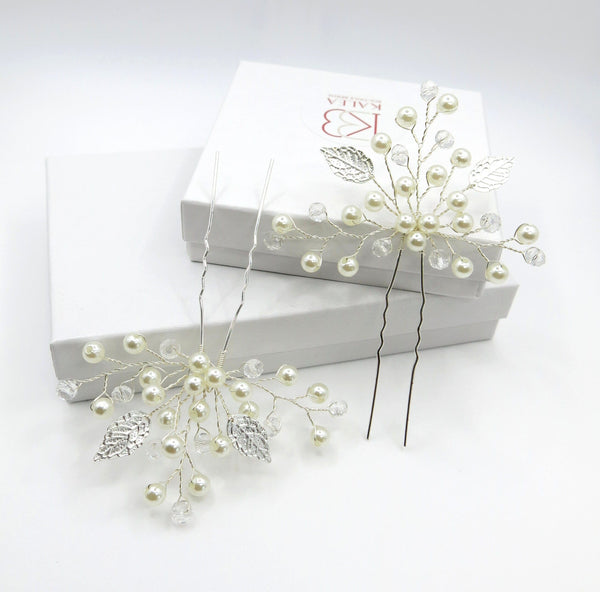 Three Branches Large Bridal 2 PC Hairpin Set, Embossed Silver Leaf Hair Pins for Wedding - KaleaBoutique.com