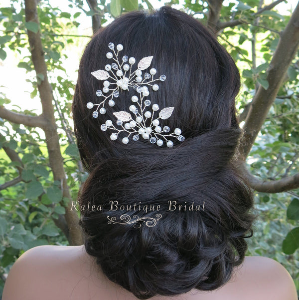 Three Branches Large Bridal 2 PC Hairpin Set, Embossed Silver Leaf Hair Pins for Wedding - KaleaBoutique.com