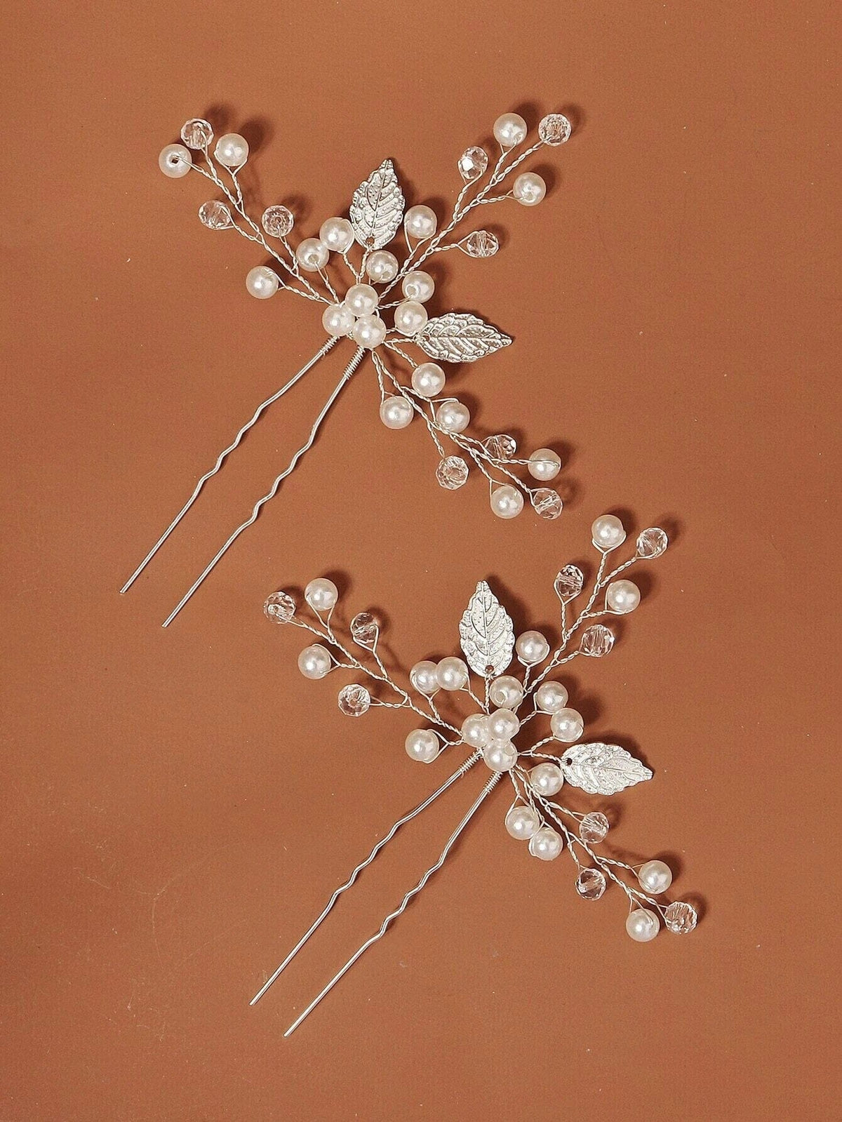Three Branches Large Bridal 2 PC Hairpin Set, Embossed Silver Leaf Hair Pins for Wedding - KaleaBoutique.com