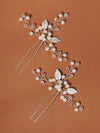 Three Pearl Branches Large Bridal 2 PC Hairpin Set, Embossed Silver Leaf Hair Pins for Wedding, Bridesmaid Floral Pearl Hairpiece Set - KaleaBoutique.com