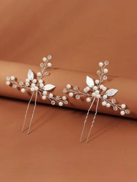 Three Branches Large Bridal 2 PC Hairpin Set, Embossed Silver Leaf Hair Pins for Wedding - KaleaBoutique.com