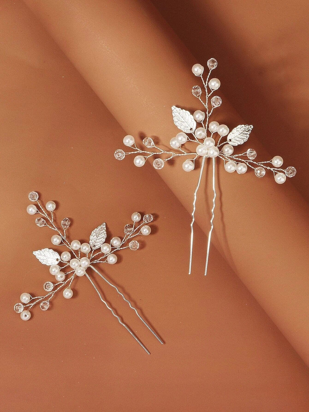 Three Branches Large Bridal 2 PC Hairpin Set, Embossed Silver Leaf Hair Pins for Wedding - KaleaBoutique.com