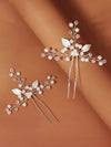 Three Pearl Branches Large Bridal 2 PC Hairpin Set, Embossed Silver Leaf Hair Pins for Wedding, Bridesmaid Floral Pearl Hairpiece Set - KaleaBoutique.com