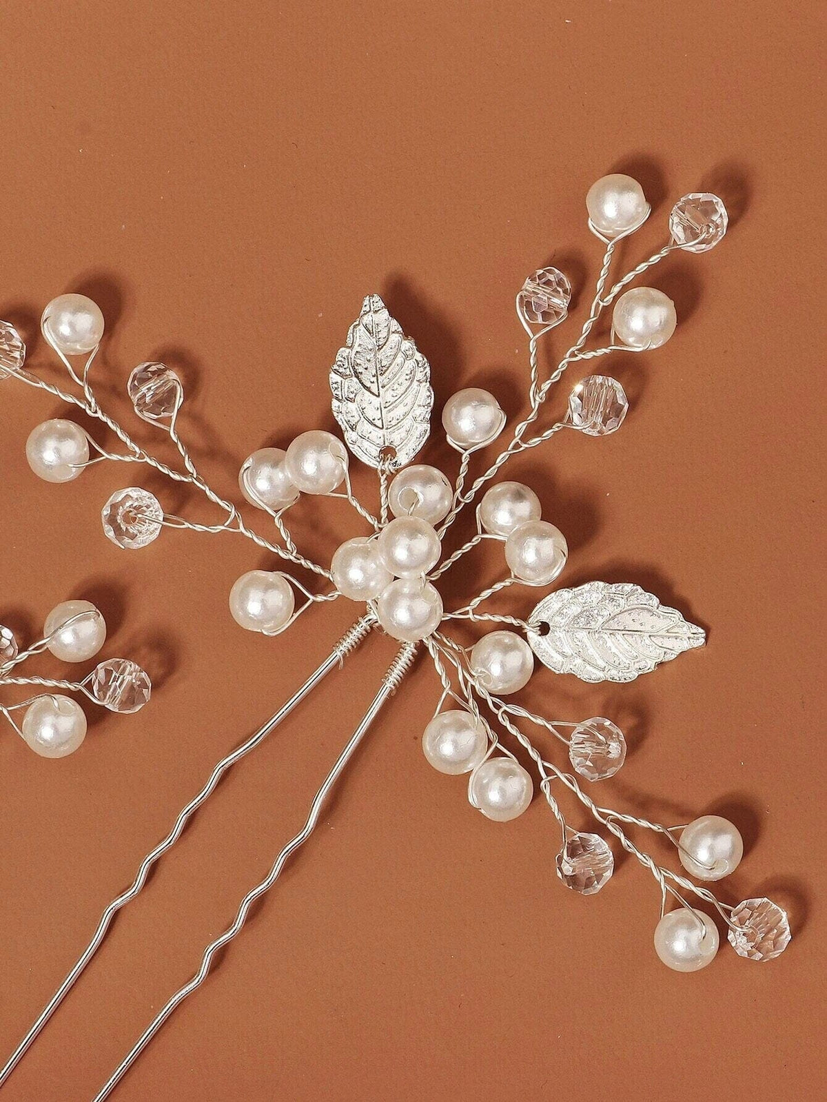 Three Branches Large Bridal 2 PC Hairpin Set, Embossed Silver Leaf Hair Pins for Wedding - KaleaBoutique.com