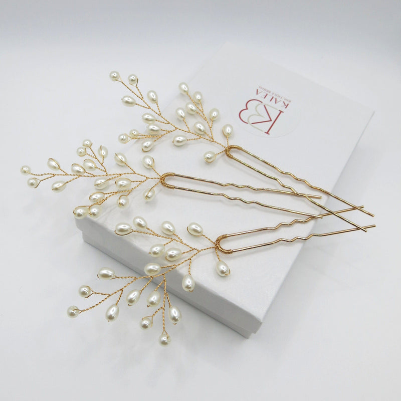 Tree Branch Pearl Wire 3 PC Hairpin Set, Wedding Floral Hair Pin, Bridal Pearl Wire Large Hairpins, Set of 3 - KaleaBoutique.com
