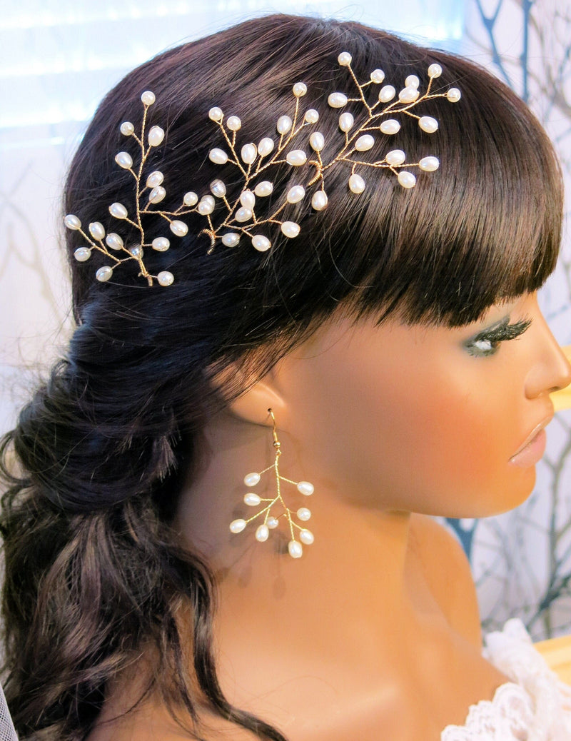 Tree Branch Pearl Wire 3 PC Hairpin Set, Wedding Floral Hair Pin, Bridal Pearl Wire Large Hairpins, Set of 3 - KaleaBoutique.com