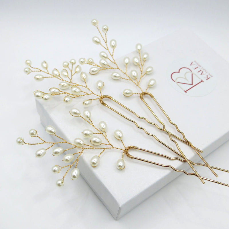 Tree Branch Pearl Wire 3 PC Hairpin Set, Wedding Floral Hair Pin, Bridal Pearl Wire Large Hairpins, Set of 3 - KaleaBoutique.com