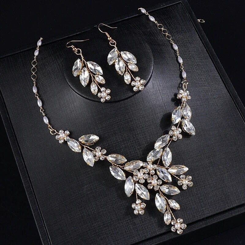 Wedding 3 PC Crystal Wire Jewelry Set, Clear Crystal Flower Necklace and Earrings, Bridal Floral Gem Jewelry Set - KaleaBoutique.com