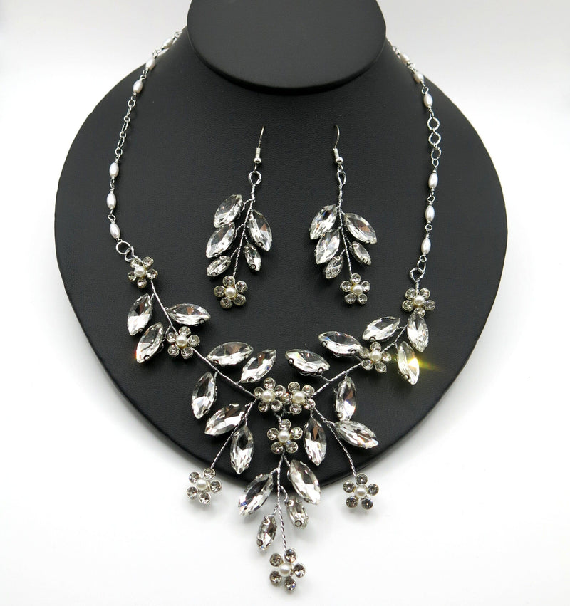 Wedding 3 PC Crystal Wire Jewelry Set, Clear Crystal Flower Necklace and Earrings, Bridal Floral Gem Jewelry Set - KaleaBoutique.com