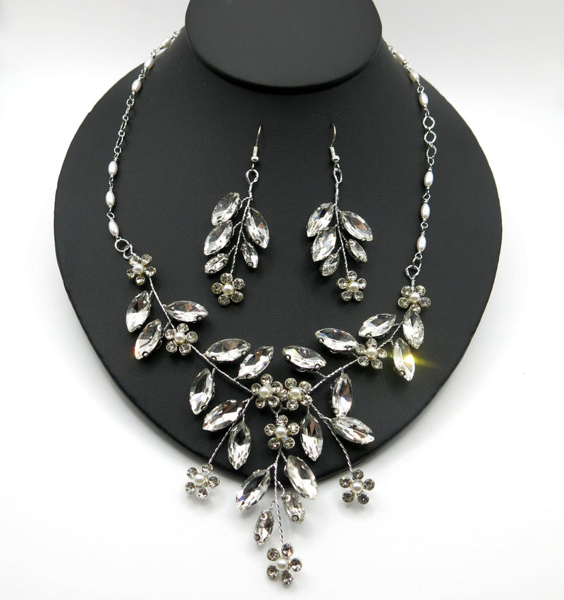 Wedding 3 PC Wire Jewelry Set, Clear Crystal Flower Necklace and Leaf Earrings, Bridal Floral Necklace, Floral Gem Dangle Earrings - KaleaBoutique.com