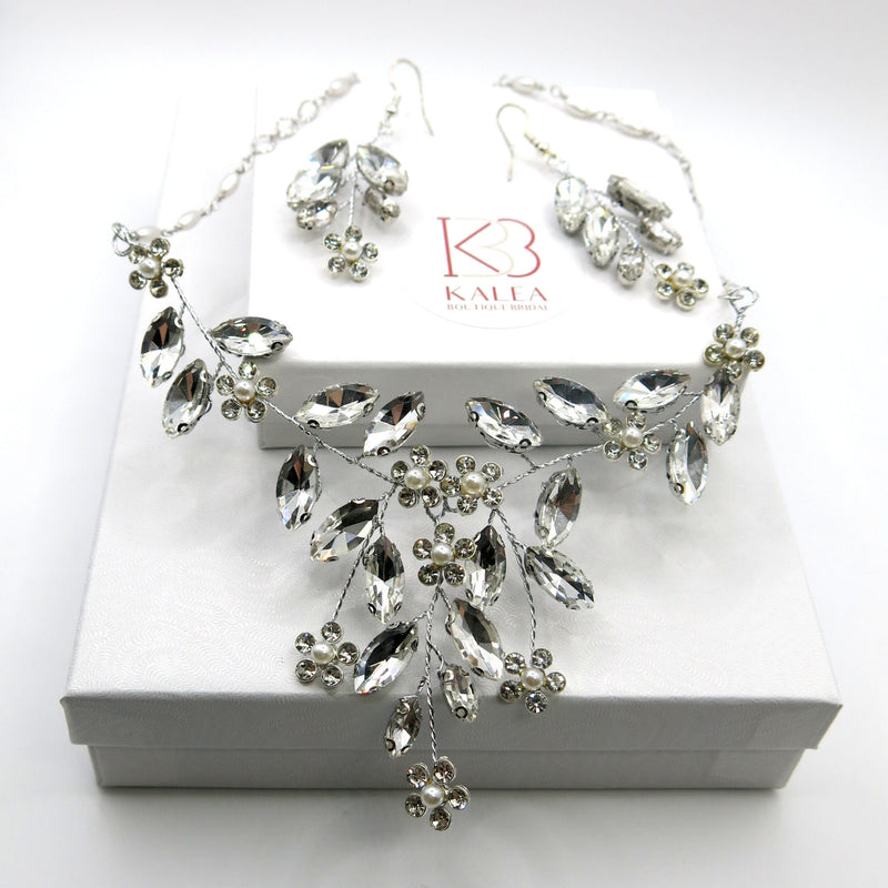 Wedding 3 PC Crystal Wire Jewelry Set, Clear Crystal Flower Necklace and Earrings, Bridal Floral Gem Jewelry Set - KaleaBoutique.com