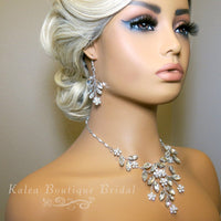 Wedding 3 PC Crystal Wire Jewelry Set, Clear Crystal Flower Necklace and Earrings, Bridal Floral Gem Jewelry Set - KaleaBoutique.com
