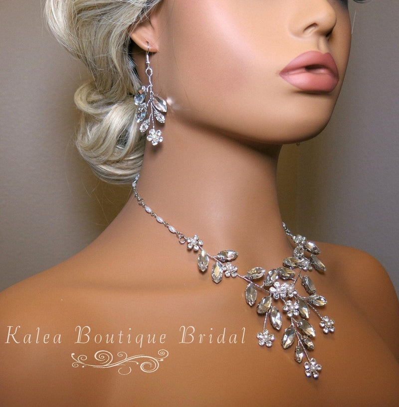 Wedding 3 PC Wire Jewelry Set, Clear Crystal Flower Necklace and Leaf Earrings, Bridal Floral Necklace, Floral Gem Dangle Earrings - KaleaBoutique.com