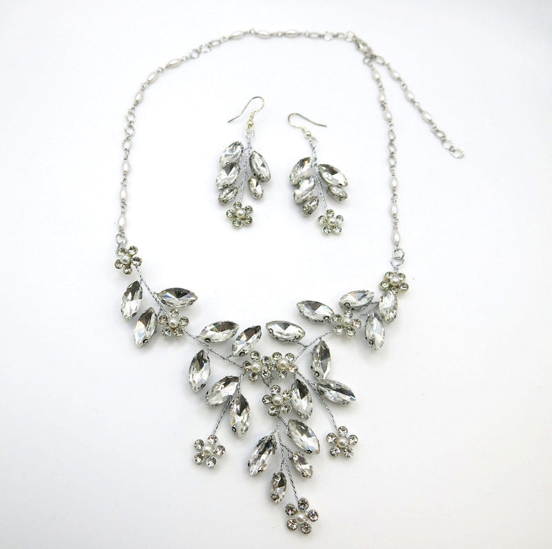 Wedding 3 PC Crystal Wire Jewelry Set, Clear Crystal Flower Necklace and Earrings, Bridal Floral Gem Jewelry Set - KaleaBoutique.com