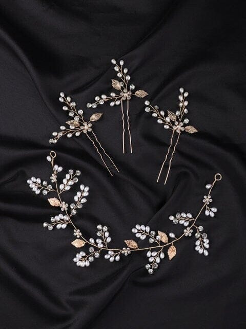 Wedding 4 PC Pearl Hair Vine and Hairpin Set, Wire Headband & 3 Hairpins Bridal Set, Crystal Pearl Head Wreath - KaleaBoutique.com