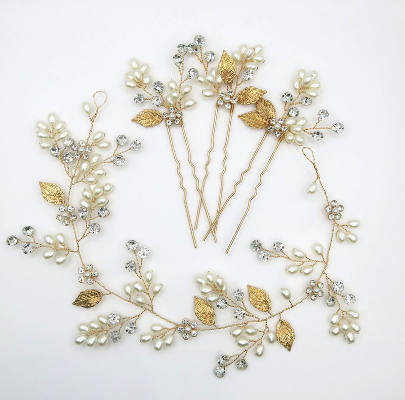 Wedding 4 PC Pearl Hair Vine and Hairpin Set, Wire Headband & 3 Hairpins Bridal Set, Crystal Pearl Head Wreath - KaleaBoutique.com