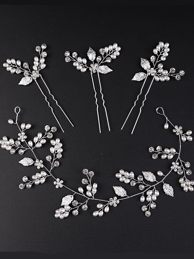 Wedding 4 PC Pearl Hair Vine and Hairpin Set, Wire Headband & 3 Hairpins Bridal Set, Crystal Hair Wire Head Wreath, Pearl Hair Wire Hairpins - KaleaBoutique.com