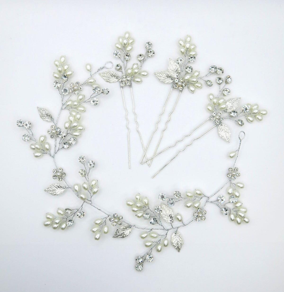 Wedding 4 PC Pearl Hair Vine and Hairpin Set, Wire Headband & 3 Hairpins Bridal Set, Crystal Pearl Head Wreath - KaleaBoutique.com