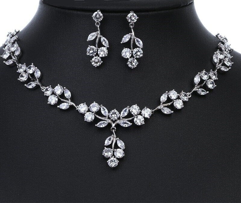 Wedding Crystal Necklace and Earrings 3 PC Jewelry Set, Platinum Plated Bridal Statement Gem Necklace Jewelry Set - KaleaBoutique.com