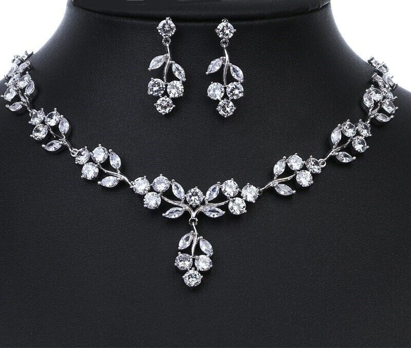 Wedding Crystal Necklace and Ear Studs 3 PC Jewelry Set, Platinum Plated Bridal Statement Gem Necklace, CZ Necklace and Earrings for Bride - KaleaBoutique.com