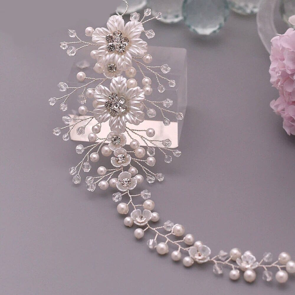 Wedding Pearl Hair Vine, Bridal Pearl Hair Wire Headband, Floral Head Wreath Hairpiece, Crystal Flower Hair Wire - KaleaBoutique.com