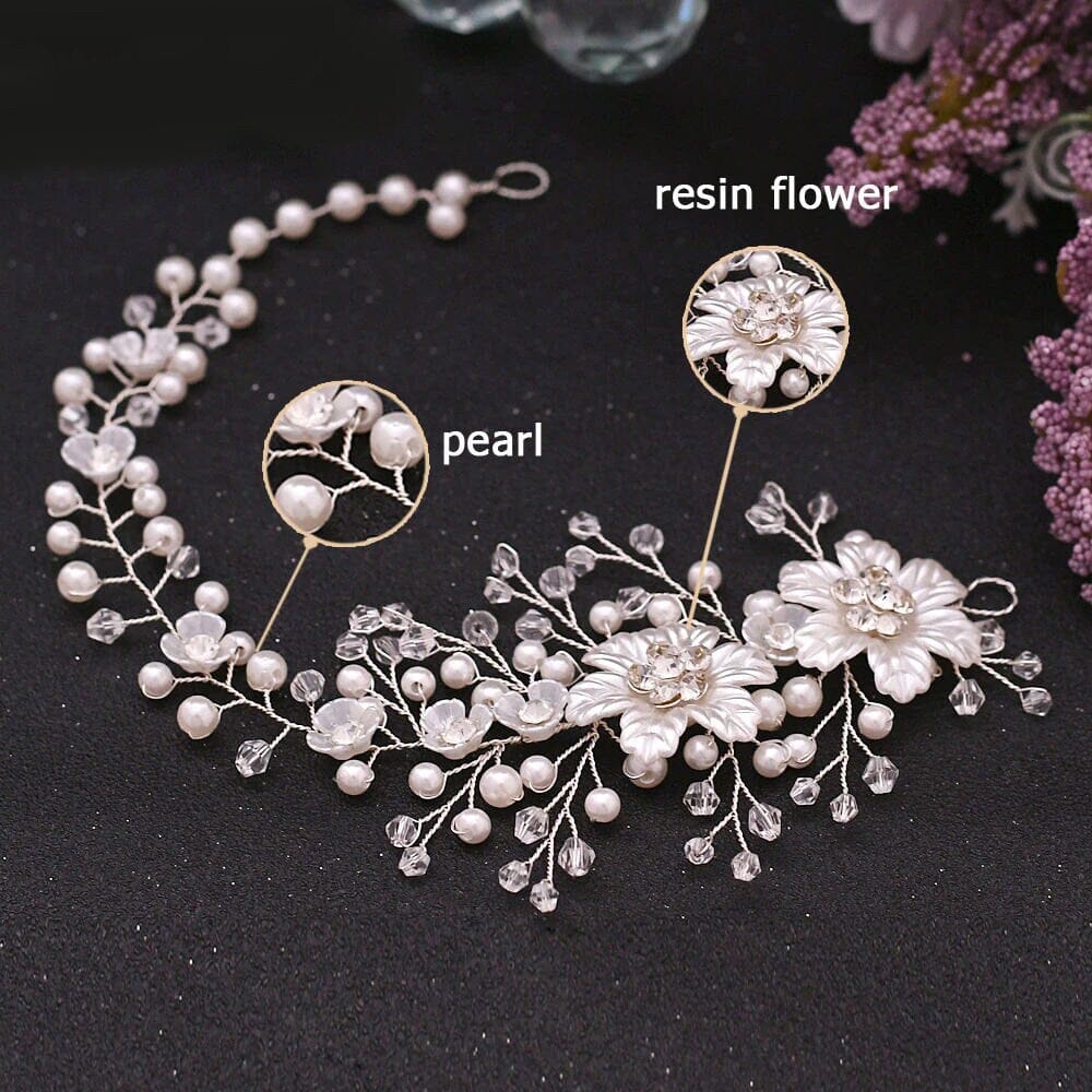 Wedding Pearl Hair Vine, Bridal Pearl Hair Wire Headband, Floral Head Wreath Hairpiece, Crystal Flower Hair Wire - KaleaBoutique.com