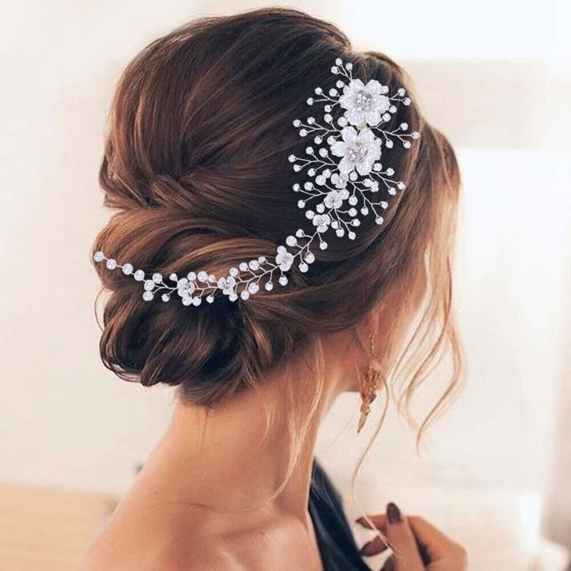 Wedding Pearl Hair Vine Headpiece, Bridal Pearl Hair Wire Headband, Silver Hand Wired Floral Head Wreath Hairpiece, Crystal Flower Hair Wire - KaleaBoutique.com