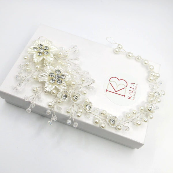 Wedding Pearl Hair Vine, Bridal Pearl Hair Wire Headband, Floral Head Wreath Hairpiece, Crystal Flower Hair Wire - KaleaBoutique.com
