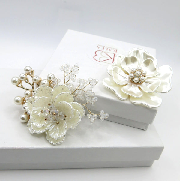 White Abalone Flower Bridal Pearl Brooch, Wedding Mother of Bride Brooch, Bridesmaid Floral Brooch Jewelry - KaleaBoutique.com