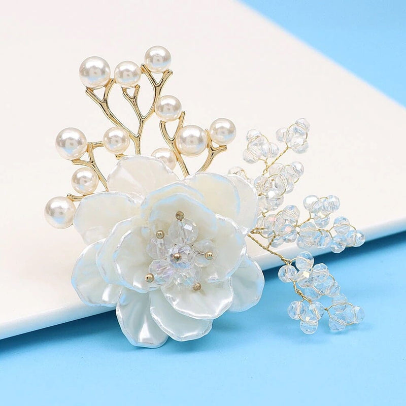 White Abalone Flower Pearl Brooch, Bridal Floral Broach, Wedding Mother of Bride Brooch, Bridesmaid Pearl Flower Brooch Jewelry - KaleaBoutique.com