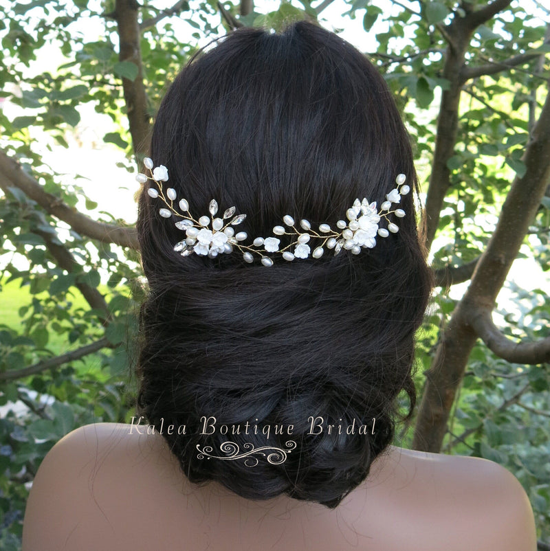 White Ceramic Flower Gold Hairpin, Clay Floral Pearl Bridal Hair Pin, Gold Wire Flower Wedding Hairpin - KaleaBoutique.com