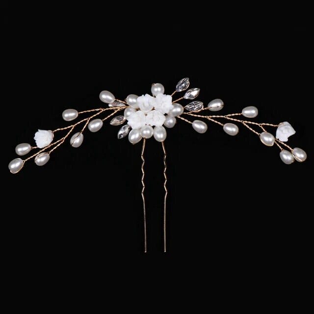 White Ceramic Flower Gold Hairpin, Clay Floral Pearl Bridal Hair Pin, Gold Wire Flower Wedding Hairpin - KaleaBoutique.com