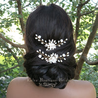 White Ceramic Flower Gold Hairpin, Clay Floral Pearl Bridal Hair Pin, Gold Wire Flower Wedding Hairpin - KaleaBoutique.com