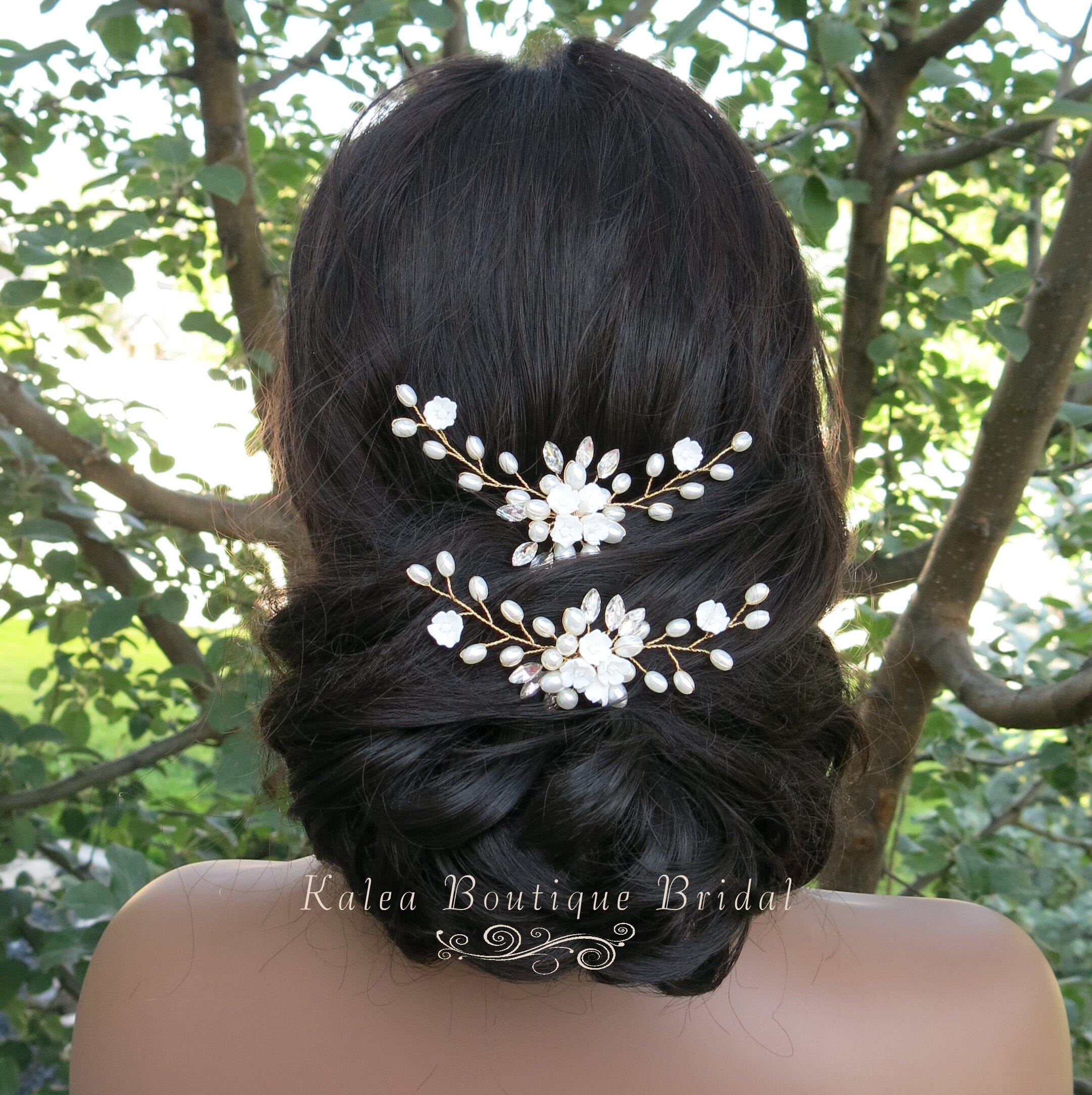 Pearl Cluster Hair Pins - Gold Wire Bridal Hair Accessories White Ceramic Flower Gold Hairpin, Clay Floral Pearl Bridal  main image 3