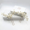 White Ceramic Flower Gold Hairpin, Clay Floral Pearl Bridal Hair Pin, Gold Wire Flower Wedding Hairpin - KaleaBoutique.com