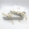 White Ceramic Flower Cluster Gold Hairpin, Clay Floral Pearl Bridal Hair Pin, Soft Gold Wire Flower Branch Wedding Crystal Leaf Hairpiece - KaleaBoutique.com