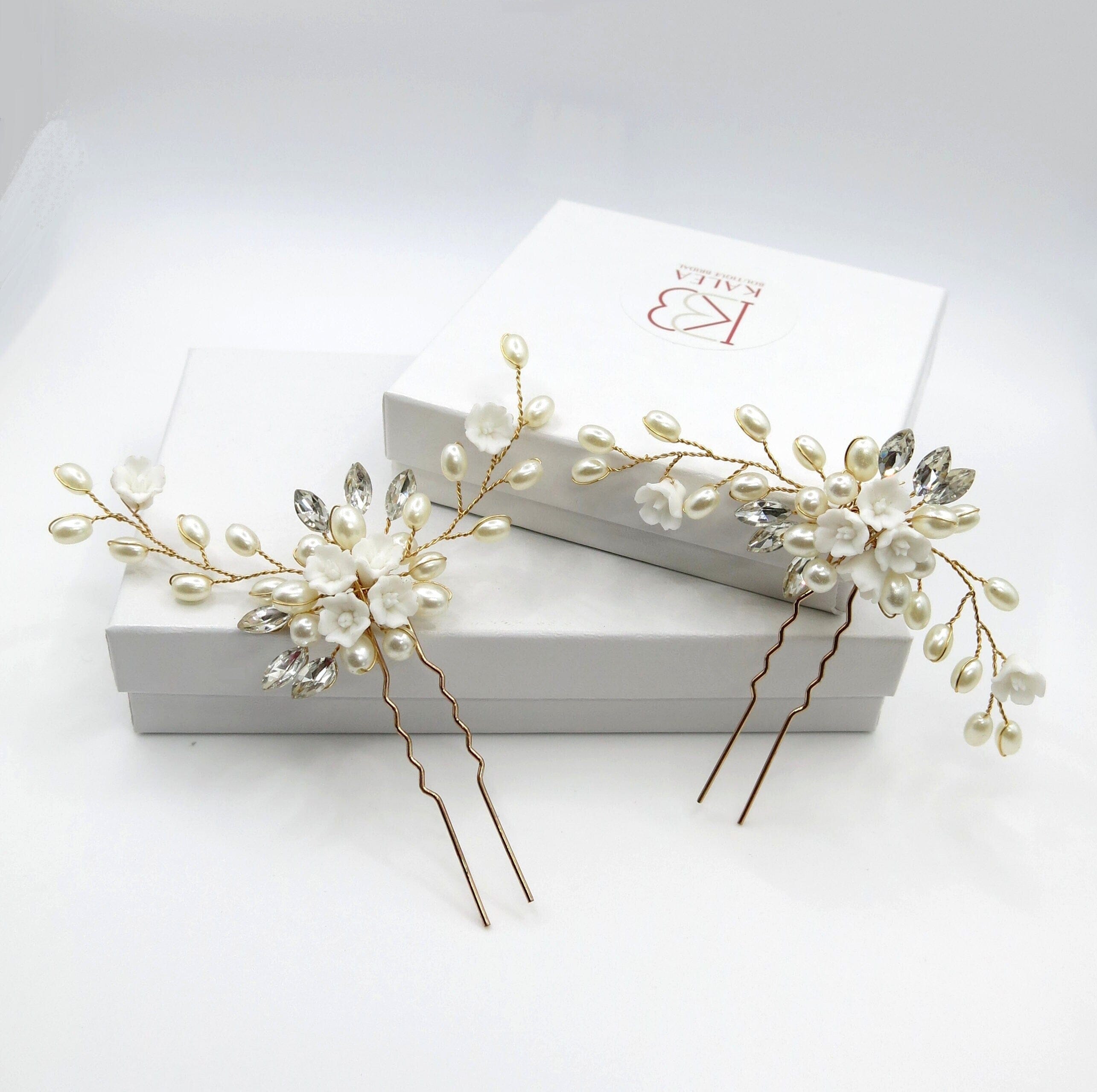White Ceramic Flower Gold Hairpin, Clay Floral Pearl Bridal  display picture 3