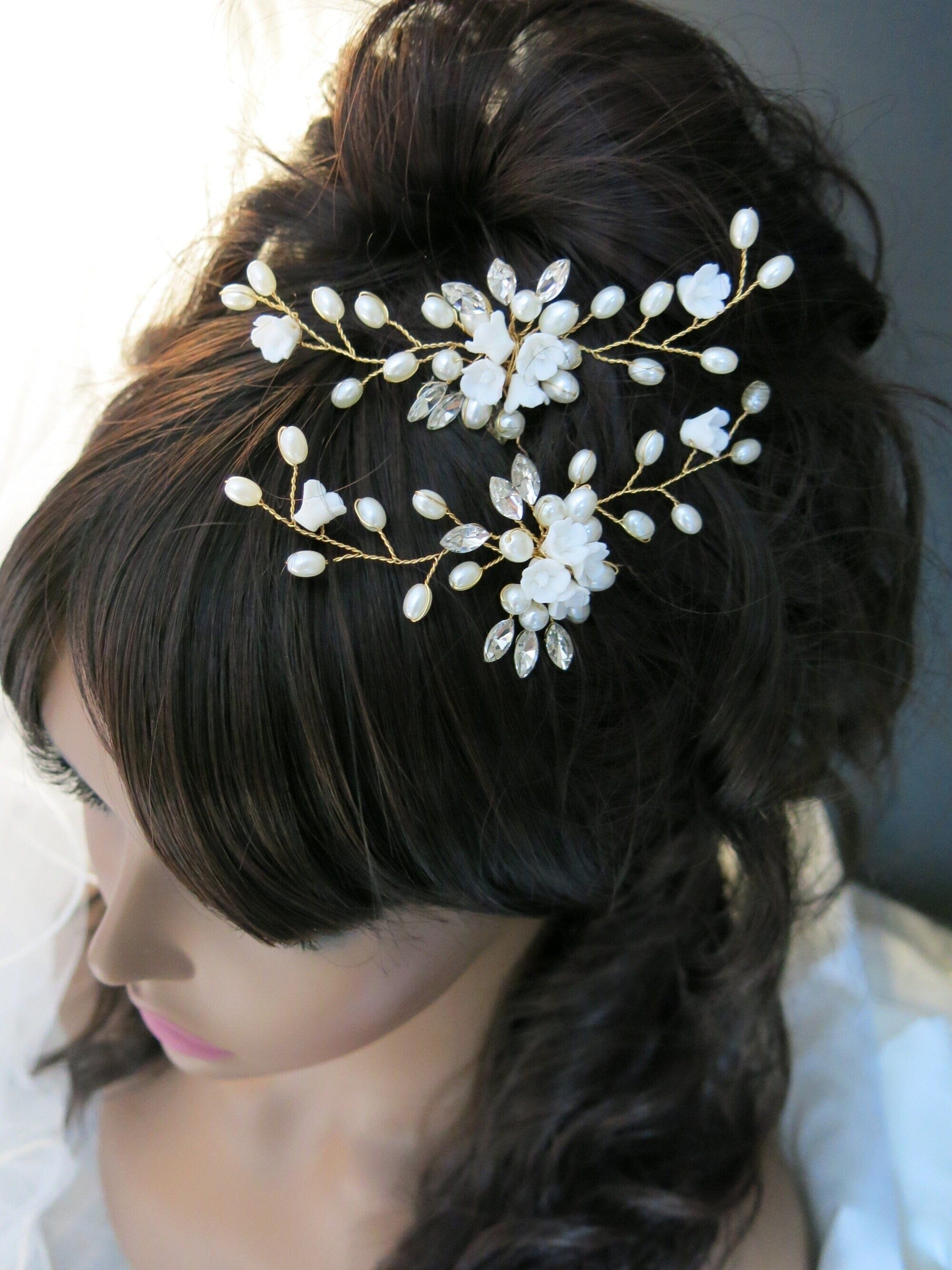 White Ceramic Flower Gold Hairpin, Clay Floral Pearl Bridal 