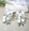 White Ceramic Flower Earrings, Bridal Crystal Silver Wire Earrings, Wedding Clay Floral Dangle Earrings - KaleaBoutique.com