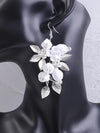 White Ceramic Flower Earrings, Bridal Crystal Silver Wire Earrings, Wedding Clay Floral Dangle Earrings - KaleaBoutique.com