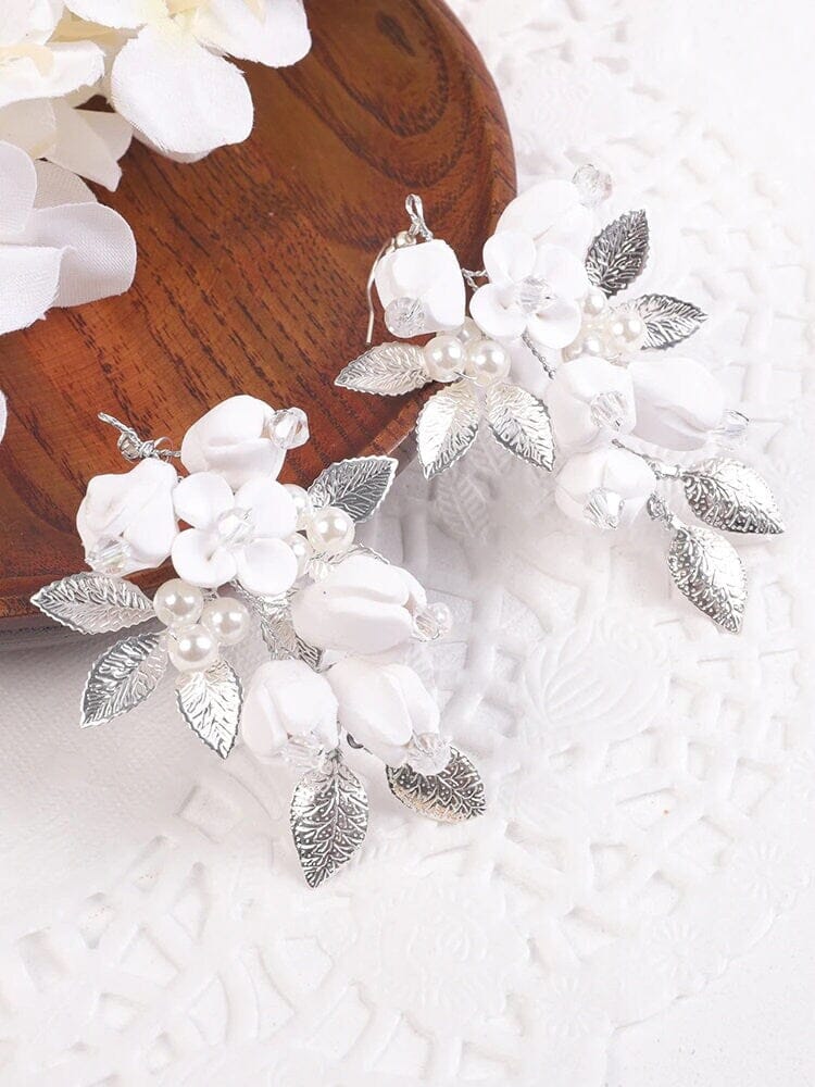 White Ceramic Flower Earrings, Bridal Crystal Silver Wire Earrings, Wedding Clay Floral Dangle Earrings - KaleaBoutique.com