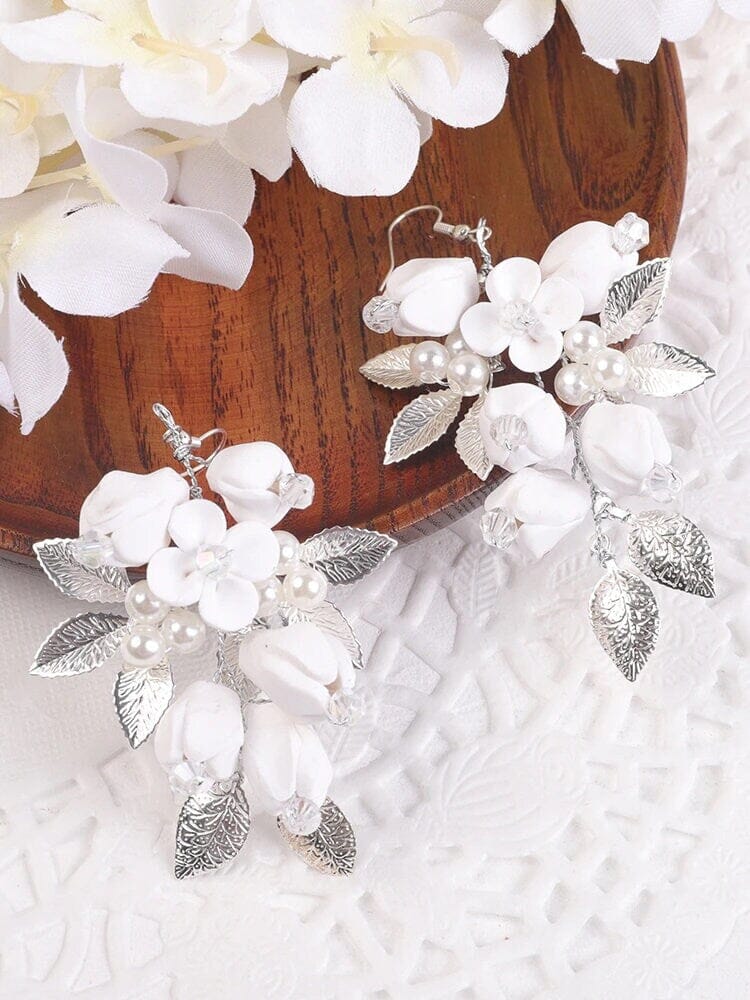 White Ceramic Flower Earrings, Bridal Crystal Pearl Silver Wire Earrings, Wedding Dangle Oversized Party Earrings, Large Floral Earrings - KaleaBoutique.com