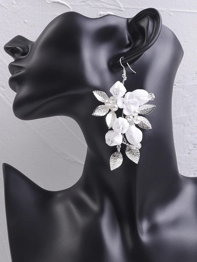 White Ceramic Flower Earrings, Bridal Crystal Silver Wire Earrings, Wedding Clay Floral Dangle Earrings - KaleaBoutique.com