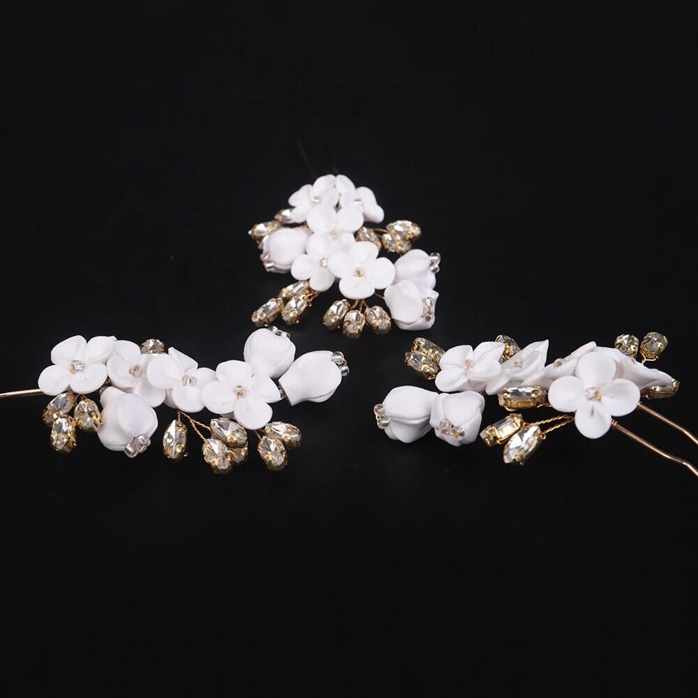 White Ceramic Flower Hairpin, Large Crystal Wedding Floral Hairpiece, Rhinestone Gem Clay Flower Hair Pins - KaleaBoutique.com