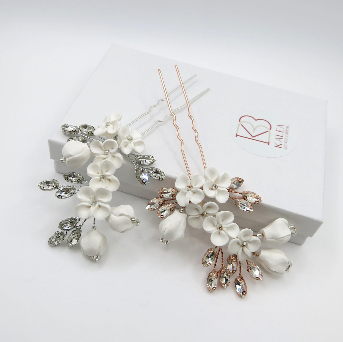 White Ceramic Flower Hairpin, Large Crystal Wedding Floral Hairpiece, Rhinestone Gem Clay Flower Hair Pins - KaleaBoutique.com