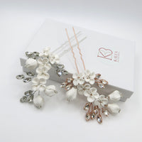 White Ceramic Flower Hairpin, Large Crystal Wedding Floral Hairpiece, Rhinestone Gem Clay Flower Hair Pins - KaleaBoutique.com