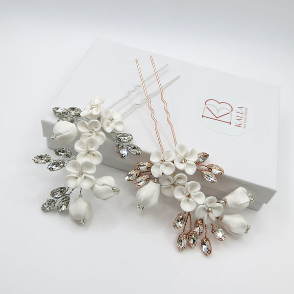 White Ceramic Flower Hairpin, Large Crystal Wedding Floral Hairpiece, Rhinestone Gem Clay Flower Hair Pins - KaleaBoutique.com